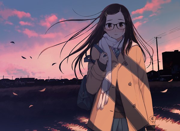 Anime picture 1100x801 with original morifumi single long hair looking at viewer blush brown hair brown eyes wind sunlight shadow tears evening sunset crying sad girl uniform hair ornament school uniform