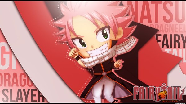 Anime picture 1920x1080 with fairy tail natsu dragneel xpjames single highres short hair smile wide image green eyes pink hair inscription grin victory chibi boy scarf cloak fist