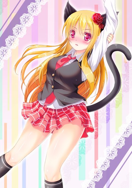 Anime picture 1145x1635 with original hiro (725611) long hair tall image blush blonde hair animal ears tail animal tail pink eyes hair flower cat ears cat girl cat tail girl skirt hair ornament flower (flowers) socks necktie