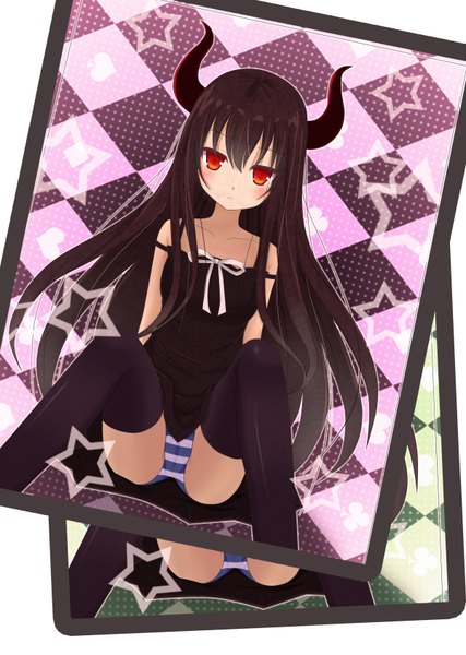 Anime picture 2404x3376 with black rock shooter black gold saw single long hair tall image highres light erotic black hair red eyes absurdres horn (horns) pantyshot sitting girl thighhighs underwear panties black thighhighs star (symbol) sundress