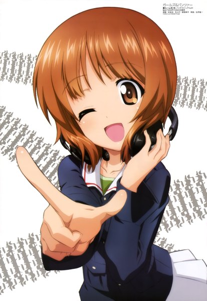 Anime picture 4081x5924 with girls und panzer megami magazine nishizumi miho tall image highres short hair open mouth brown hair brown eyes absurdres one eye closed wink official art girl uniform school uniform headphones