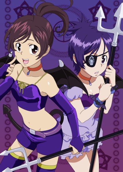 Anime picture 1735x2437 with katekyou hitman reborn chrome dokuro miura haru x-ray99 xedor993 long hair tall image highres short hair open mouth smile brown hair bare shoulders multiple girls brown eyes purple hair ponytail tail midriff coloring