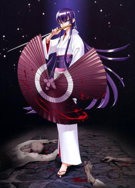 Anime picture 4246x5915 with highschool of the dead madhouse busujima saeko satou shouji single long hair tall image highres blue eyes absurdres purple hair japanese clothes scan girl weapon sword kimono katana blood umbrella