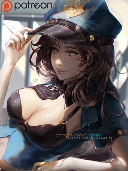 Anime picture 750x1000 with league of legends caitlyn (league of legends) officer caitlyn claparo-sans single long hair tall image breasts blue eyes light erotic black hair large breasts signed looking away lips watermark adjusting hat girl uniform lingerie