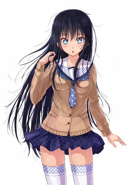 Anime picture 1446x2046 with original kazeno single long hair tall image looking at viewer blush blue eyes black hair simple background white background girl thighhighs skirt miniskirt white thighhighs