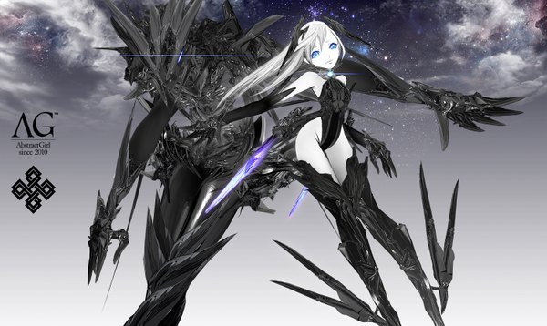 Anime picture 1500x897 with original yuya togashi single long hair looking at viewer blue eyes light erotic wide image sky silver hair flying white skin abstract girl gloves elbow gloves armor star (stars) thigh boots leotard