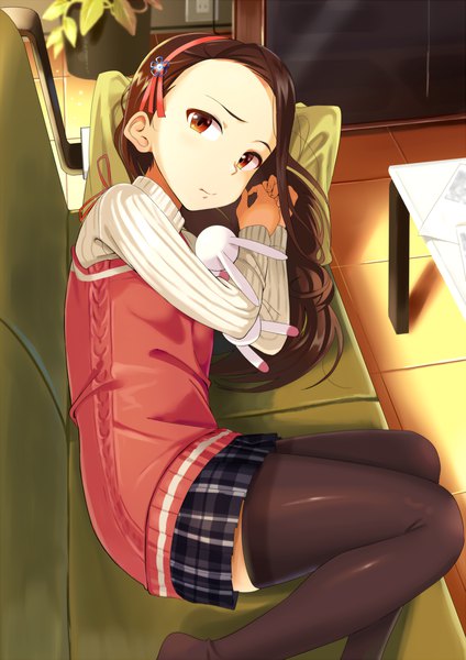 Anime picture 1000x1414 with idolmaster minase iori nazononiku single long hair tall image looking at viewer brown hair brown eyes indoors lying long sleeves from above sunlight zettai ryouiki on side plaid skirt girl thighhighs skirt