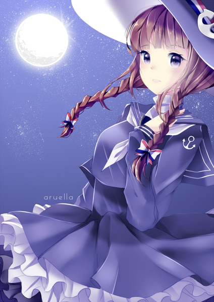 Anime picture 900x1272 with wadanohara and the great blue sea wadanohara aruella single long hair tall image blush brown hair purple eyes signed braid (braids) night night sky twin braids girl dress bow hair bow hat frills