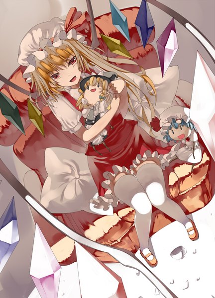 Anime picture 721x1000 with touhou flandre scarlet remilia scarlet kirisame marisa kureha (ironika) single long hair tall image looking at viewer fringe open mouth blonde hair red eyes sitting from above side ponytail girl thighhighs white thighhighs wings