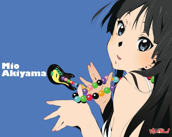 Anime picture 1280x1024 with k-on! kyoto animation akiyama mio single fringe open mouth black hair bare shoulders upper body head tilt looking back grey eyes character names blue background girl earrings necklace beads stud earrings