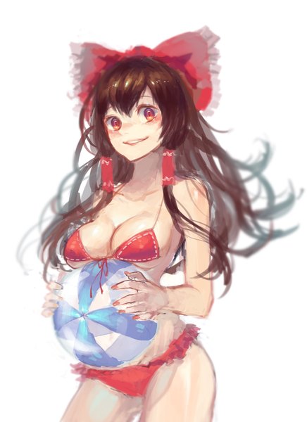 Anime picture 2652x3645 with touhou hakurei reimu sai ichirou single long hair tall image looking at viewer blush highres breasts light erotic simple background smile red eyes brown hair large breasts white background nail polish red nail polish girl