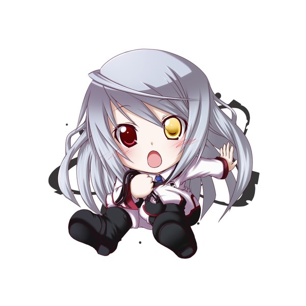 Anime picture 1736x1736 with infinite stratos 8bit laura bodewig kuena long hair looking at viewer blush highres open mouth simple background white background silver hair heterochromia chibi girl