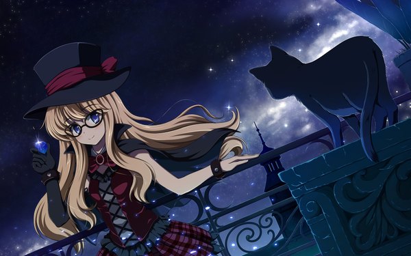 Anime picture 1920x1200 with dj max shira-nyoro long hair looking at viewer blush highres blue eyes blonde hair smile wide image sky tail night cat tail night sky plaid skirt girl dress gloves bow