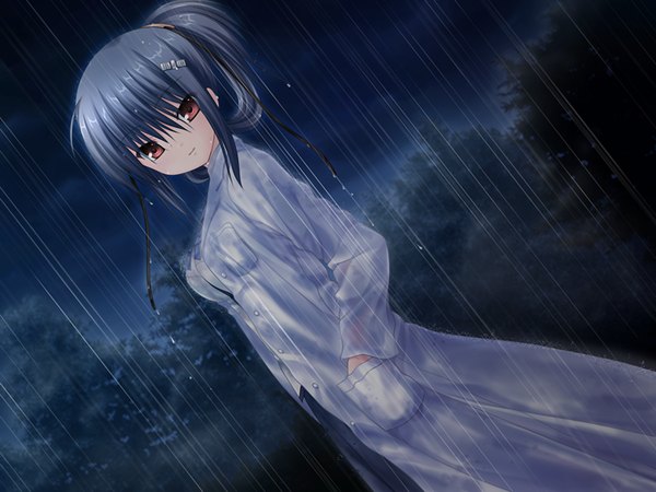 Anime picture 1200x900 with little busters! key (studio) long hair black hair red eyes game cg night rain girl labcoat