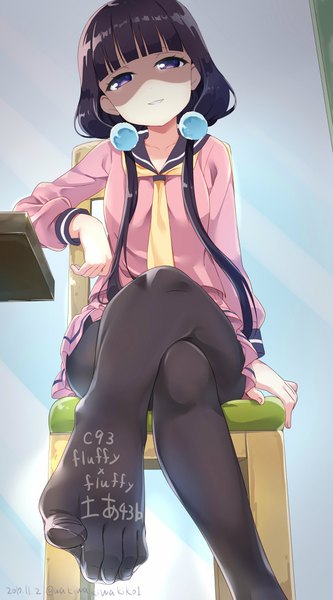 Anime picture 2276x4096 with blend s a-1 pictures sakuranomiya maika neki (wakiko) single long hair tall image looking at viewer fringe highres black hair simple background smile sitting purple eyes twintails signed blunt bangs long sleeves light smile