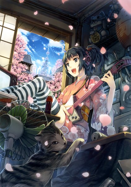 Anime picture 3241x4601 with original hagure keg tall image highres short hair open mouth blue eyes black hair sitting absurdres traditional clothes japanese clothes cherry blossoms girl thighhighs petals kimono headphones obi cat