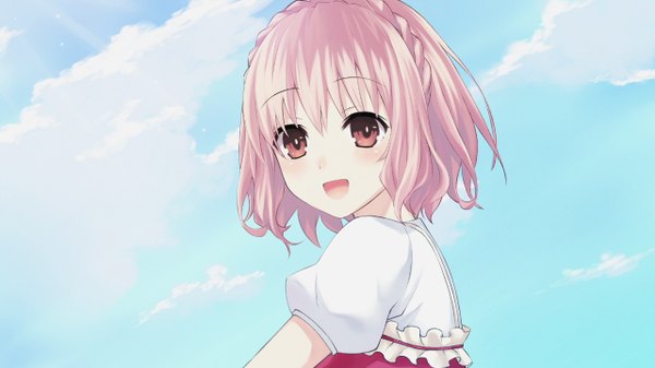 Anime picture 1280x720 with date a live sonogami rinne blush short hair open mouth blonde hair red eyes wide image game cg sky cloud (clouds) girl dress