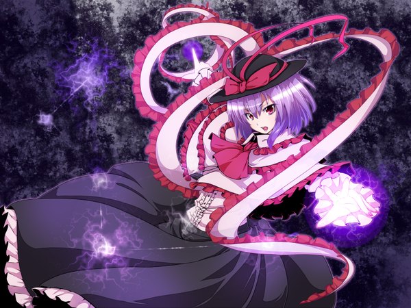 Anime picture 1600x1200 with touhou nagae iku nikka (cryptomeria) short hair open mouth purple hair pink eyes magic girl ribbon (ribbons) bow hat