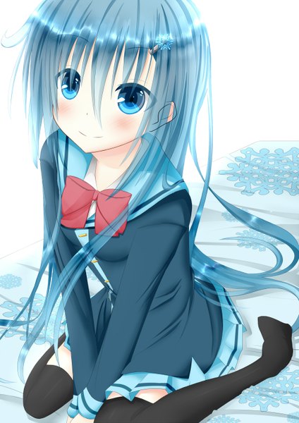 Anime picture 1000x1414 with original yomogi single long hair tall image looking at viewer blush fringe breasts blue eyes smile sitting blue hair pleated skirt no shoes wariza girl thighhighs skirt uniform