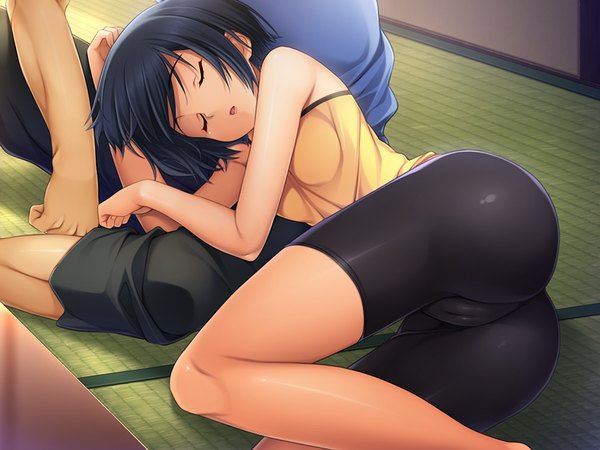Anime picture 1024x768 with uhou renka tsukayama nagisa short hair light erotic black hair game cg ass eyes closed cameltoe sleeping girl