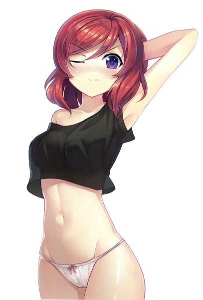 Anime picture 1560x2300 with love live! school idol project sunrise (studio) love live! nishikino maki motokonut single tall image looking at viewer blush fringe short hair breasts light erotic simple background hair between eyes standing white background purple eyes bare shoulders red hair