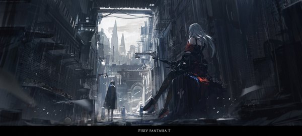 Anime picture 1800x814 with original pixiv fantasia pixiv fantasia t renatus z long hair highres wide image standing sitting bare shoulders bent knee (knees) white hair from behind city cityscape alley girl building (buildings) cloak lantern