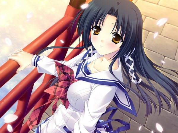 Anime picture 1024x768 with sakura bitmap (game) single long hair looking at viewer black hair smile yellow eyes game cg girl uniform ribbon (ribbons) school uniform serafuku