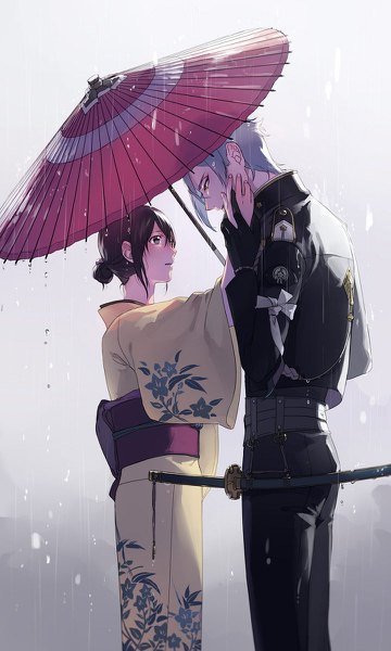Anime picture 720x1200 with touken ranbu nitroplus hizamaru (touken ranbu) saniwa (touken ranbu) edamame316 tall image blush short hair simple background brown hair standing brown eyes yellow eyes traditional clothes head tilt japanese clothes profile grey hair grey background wide sleeves