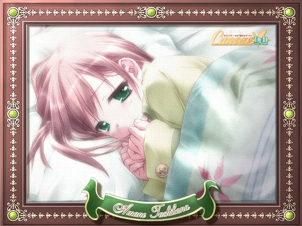 Anime picture 1024x768 with canvas (anime) tachibana amane single looking at viewer short hair green eyes upper body long sleeves copyright name character names sleeves past wrists framed hand to mouth under covers girl pillow blanket