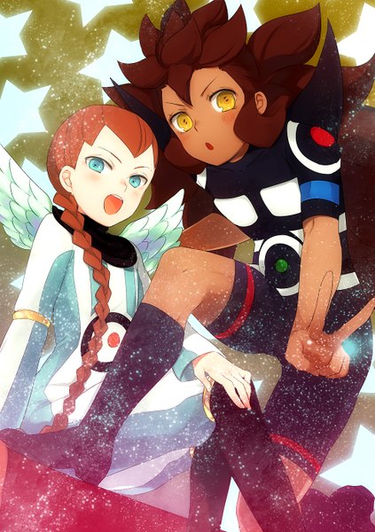 Anime picture 975x1384 with inazuma eleven desuta sein (inazuma eleven) kippu long hair tall image looking at viewer blush open mouth blue eyes brown hair sitting yellow eyes braid (braids) multiple boys dark skin single braid victory angel wings spiked hair