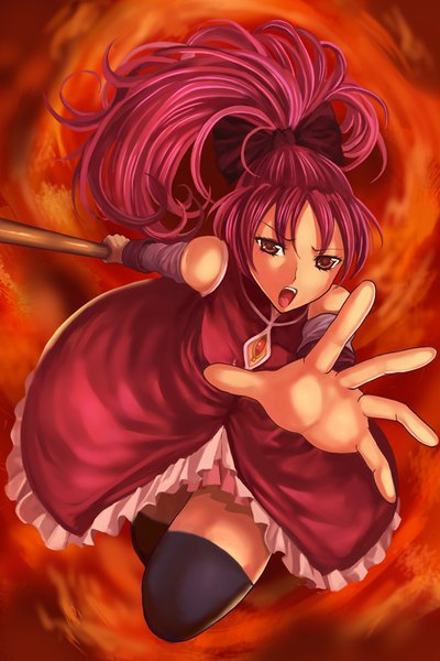 Anime picture 600x900 with mahou shoujo madoka magica shaft (studio) sakura kyouko whistlerx single long hair tall image fringe open mouth red eyes bare shoulders pink hair bent knee (knees) ponytail from above outstretched arm looking up red background magical girl girl