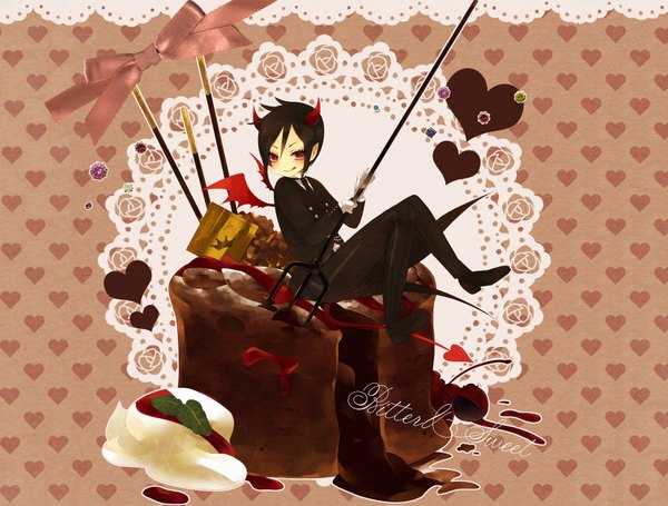 Anime picture 1644x1247 with kuroshitsuji a-1 pictures sebastian michaelis ni to (artist) short hair black hair red eyes tail horn (horns) demon tail demon wings demon demon boy boy bow weapon wings heart sweets pants