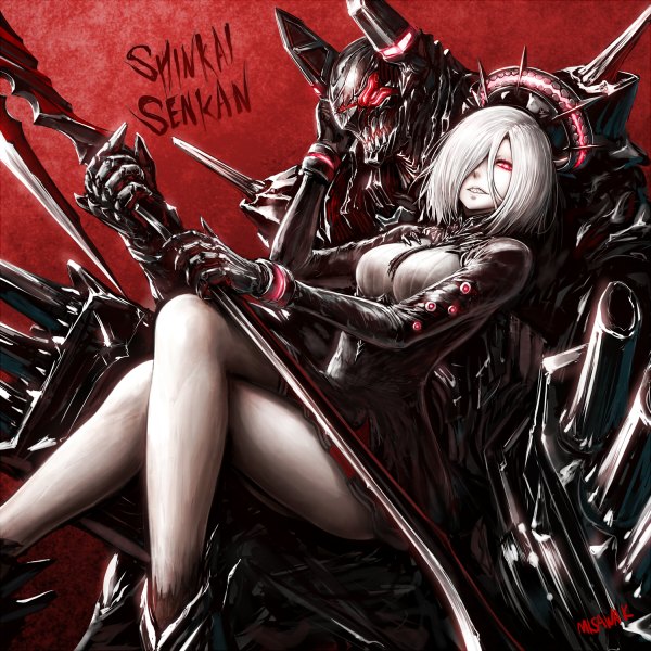 Anime picture 1200x1200 with kantai collection tenryuu light cruiser tatsuta light cruiser misawa k looking at viewer fringe short hair breasts red eyes sitting multiple girls signed white hair horn (horns) hair over one eye teeth legs couple thighs crossed legs