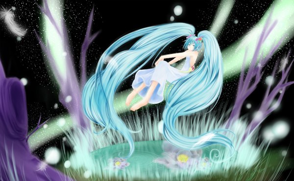 Anime picture 2000x1234 with vocaloid hatsune miku single long hair highres wide image twintails very long hair barefoot aqua eyes aqua hair weightlessness girl flower (flowers) plant (plants) tree (trees) sundress