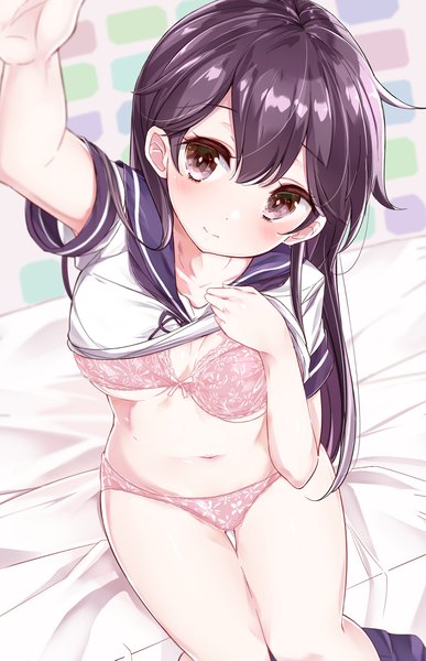 Anime picture 2550x3950 with kantai collection ushio destroyer hamaken. (novelize) single long hair tall image looking at viewer blush fringe highres light erotic black hair hair between eyes sitting light smile from above black eyes shirt lift partial nude cute