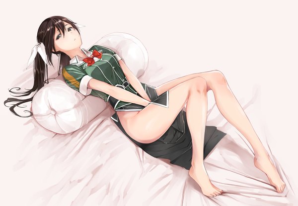 Anime picture 1613x1118 with kantai collection tone heavy cruiser tsukino wagamo single long hair looking at viewer fringe light erotic black hair twintails brown eyes bent knee (knees) lying parted lips barefoot from above short sleeves midriff on back no panties