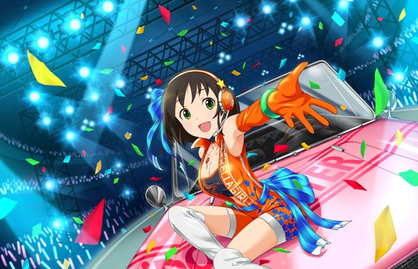 Anime picture 1280x825 with idolmaster idolmaster cinderella girls harada miyo single looking at viewer short hair black hair green eyes girl gloves elbow gloves boots headphones thigh boots ground vehicle car confetti scene