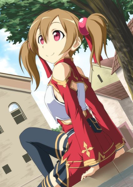 Anime picture 836x1180 with sword art online a-1 pictures silica nori tamago tall image short hair smile red eyes brown hair sitting twintails looking away short twintails girl thighhighs dress hair ornament black thighhighs plant (plants) detached sleeves