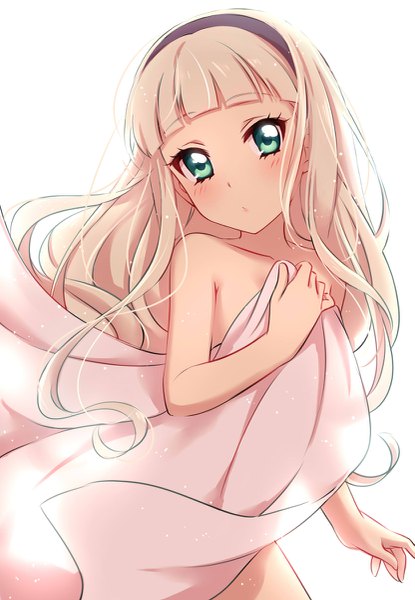 Anime picture 831x1200 with aikatsu! toudou yurika sekina single long hair tall image looking at viewer blush fringe light erotic simple background white background green eyes blunt bangs arm up nude :o hand on chest wavy hair covering