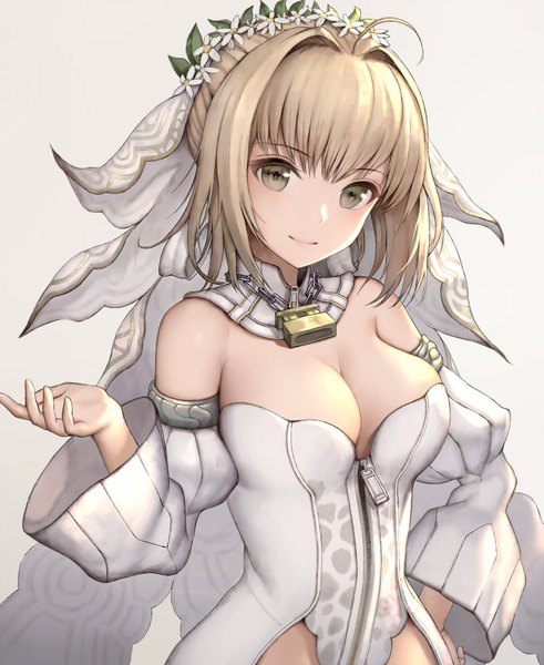 Anime picture 800x976 with fate (series) fate/grand order fate/extra fate/extra ccc nero claudius (fate) (all) nero claudius (fate) nero claudius (bride) (fate) hisahisahisahisa single tall image blush fringe short hair breasts light erotic simple background blonde hair smile large breasts bare shoulders
