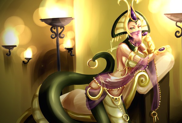 Anime picture 3000x2030 with league of legends cassiopeia (league of legends) hannah515 single looking at viewer highres light erotic smile yellow eyes snake tail girl gloves navel bracelet headdress shawl