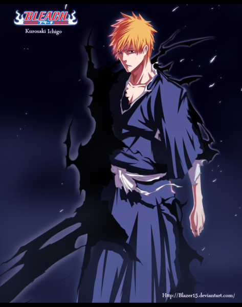 Anime picture 900x1142 with bleach studio pierrot kurosaki ichigo blazer15 single tall image short hair traditional clothes japanese clothes pink eyes orange hair inscription coloring torn clothes magic boy belt kimono