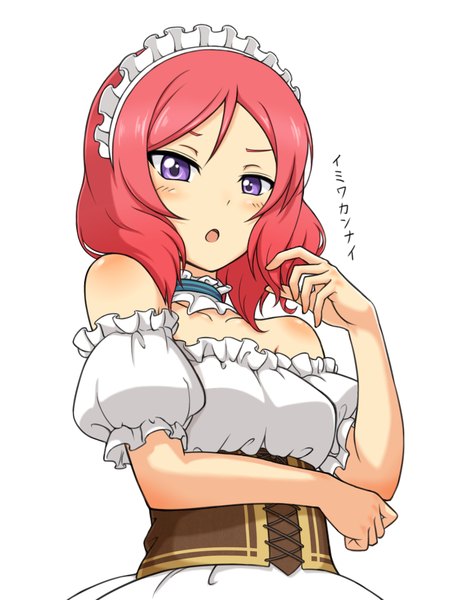 Anime picture 820x1070 with love live! school idol project sunrise (studio) love live! nishikino maki arai (piyohiko kt) single tall image looking at viewer blush short hair open mouth simple background purple eyes bare shoulders pink hair red hair crossed arms underbust girl dress