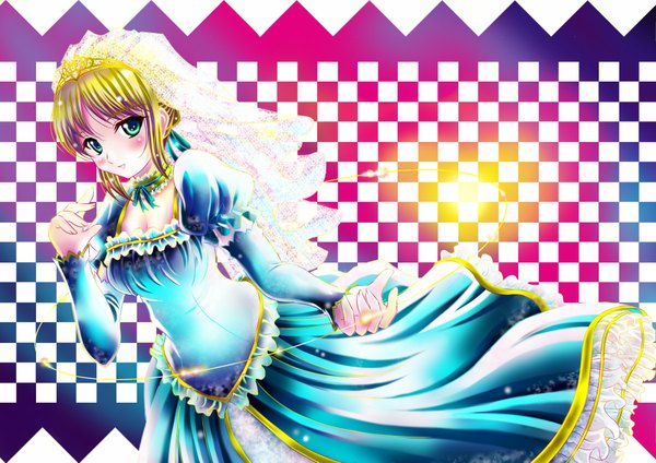 Anime picture 2039x1441 with fate (series) fate/stay night studio deen type-moon artoria pendragon (all) saber aka kitsune single looking at viewer blush highres short hair blonde hair green eyes checkered background girl dress wedding veil