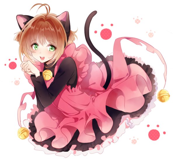 Anime picture 810x750 with card captor sakura clamp kinomoto sakura mery (yangmalgage) single blush short hair open mouth brown hair white background green eyes animal ears looking away ahoge tail animal tail cat ears cat tail girl dress