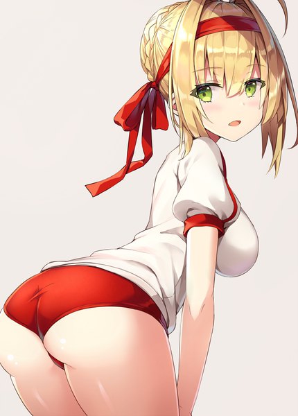 Anime picture 718x1001 with fate (series) fate/grand order nero claudius (fate) (all) nero claudius (fate) rin yuu single tall image blush fringe short hair breasts open mouth light erotic blonde hair simple background hair between eyes large breasts green eyes payot ahoge