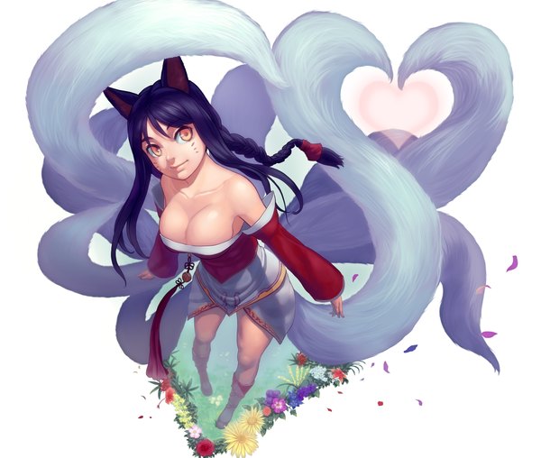 Anime picture 2362x2002 with league of legends ahri (league of legends) lasterk single long hair highres breasts light erotic simple background smile large breasts white background purple eyes bare shoulders brown eyes animal ears braid (braids) bare legs legs facial mark
