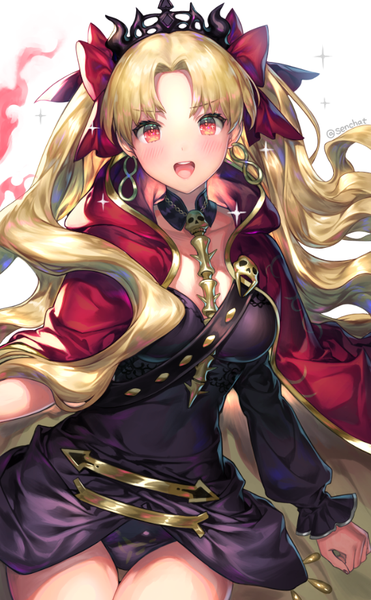 Anime picture 569x920 with fate (series) fate/grand order toosaka rin ereshkigal (fate) senchat single long hair tall image looking at viewer blush open mouth light erotic blonde hair red eyes white background signed sparkle two side up twitter username girl