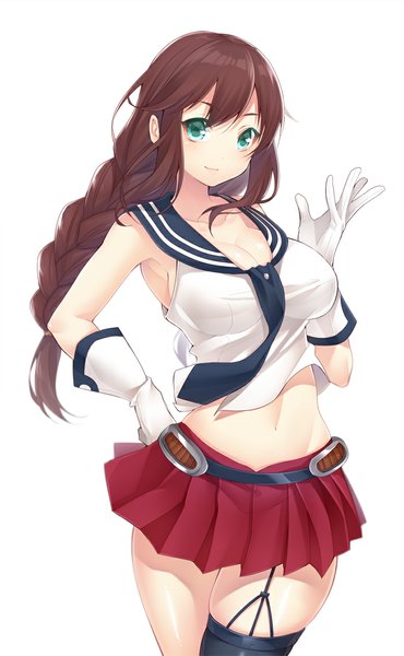 Anime picture 700x1133 with kantai collection noshiro light cruiser hattori (junoct2000) single long hair tall image looking at viewer blue eyes light erotic simple background brown hair white background braid (braids) midriff girl gloves navel miniskirt