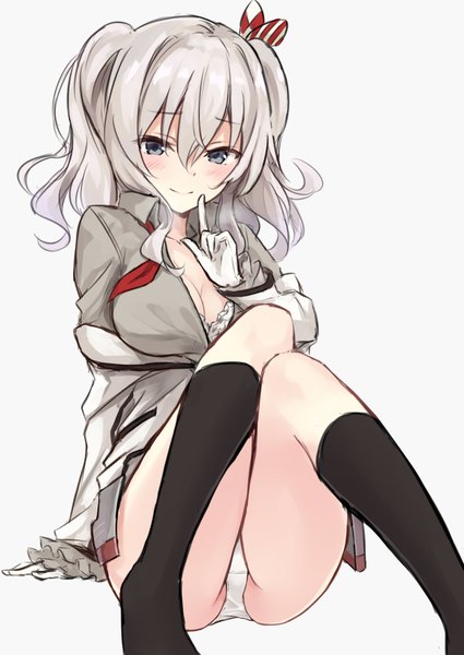 Anime picture 2507x3541 with kantai collection kashima training cruiser azuuru single tall image looking at viewer blush fringe highres short hair breasts blue eyes light erotic simple background hair between eyes large breasts white background sitting twintails payot